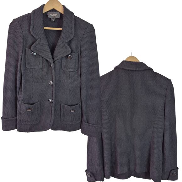 St John Caviar USA Black Knit Button Front 4 Pocket Cardigan Sweater Jacket 2 MD - Picture 1 of 1